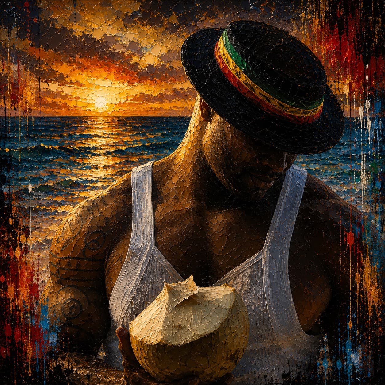 A man at golden-hour sunset holding a coconut by the ocean — a memory preserved